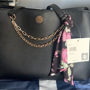 Black Textured Handbag with Gold Chain by [Brand]